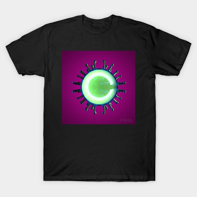 Virus Illumination - A Render of a Virus Cut in Half with Greenish Neon Light Inside on a Purple Background T-Shirt by Anigroove